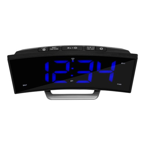 La Crosse Technology 617-249 1.8" Curved Blue Digital Atomic Dual Alarm Clock, 6.60" L x 1.55" W x 3.45" H, Black
