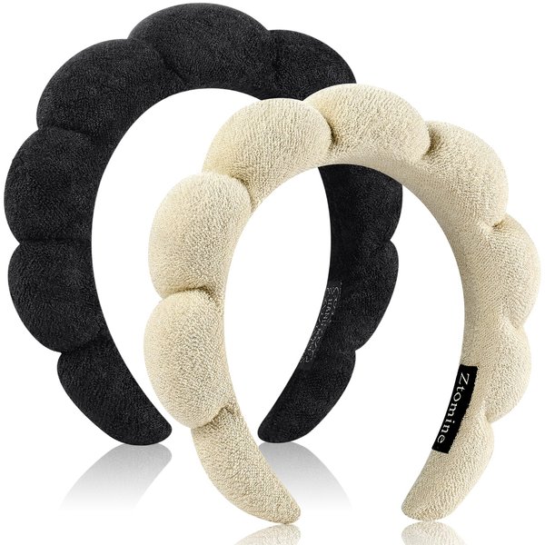 Ztomine Spa Headbands for Washing Face or Facial, Set of 2 Skincare Headbands, Terry Cloth Headband Face Wash Headband Combo Pack - Puffy Makeup Headbands for Face Washing, Mask(beige + black)