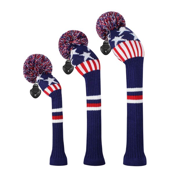 Scott Edward Knit Golf Club Cover with a Pom Set of 3 Blue Stars and Stripes Protect Driver Wood(460cc) Fairway Wood and Hybrid/UT with Rotating Club Number Tags.