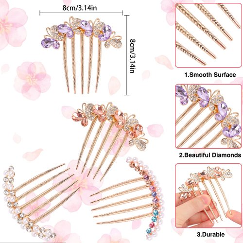 4 Pcs Pearl Rhinestones Hair Side Combs for Women Accessories, Crystals Butterfly Hair Fork Clip for Updo Bun, Decorative Hair Combs Teeth Hair Pin for French Twist Women Girls Vintage Hair Styling Accessories