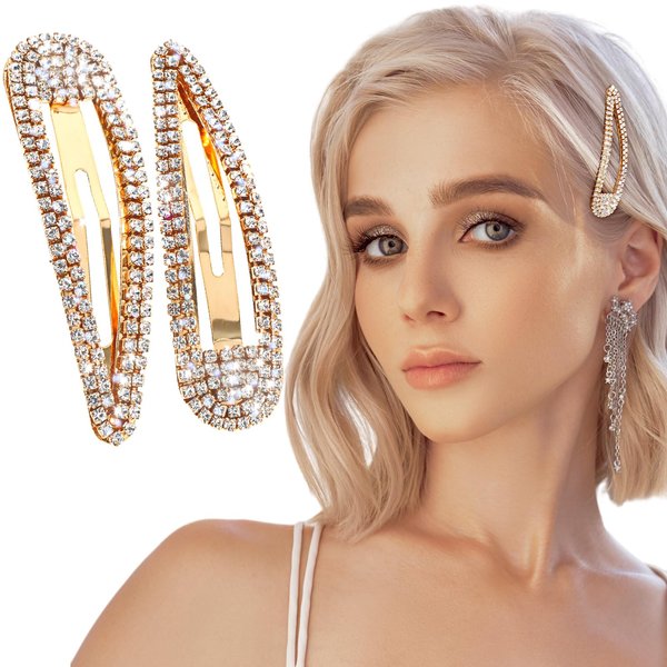 WLLHYF 2Pcs Rhinestone Hair Clips Metal Snap Hairpins Bling Crystal Hair Barrettes Glitter French Barrettes Duckbill Hair Pin Hair Decorative Party Hair Accessories for Women Girls (Gold)