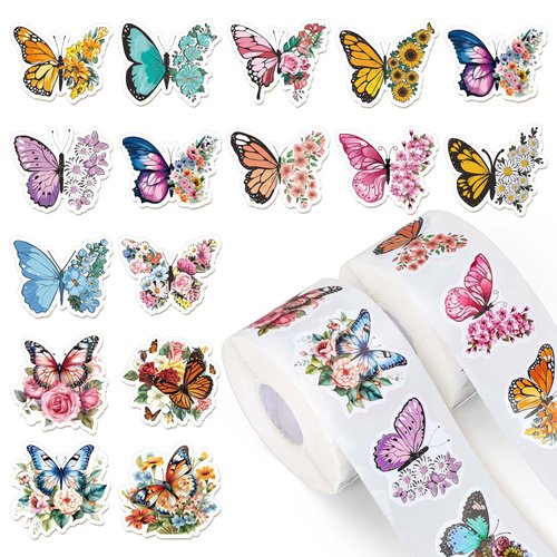 Whaline 1000Pcs Butterfly Flower Stickers Roll Spring Floral Colorful Paper Decals 16 Designs Watercolor Self-Adhesive Decorative Stickers for Envelope Scrapbook Daily Party Supplies