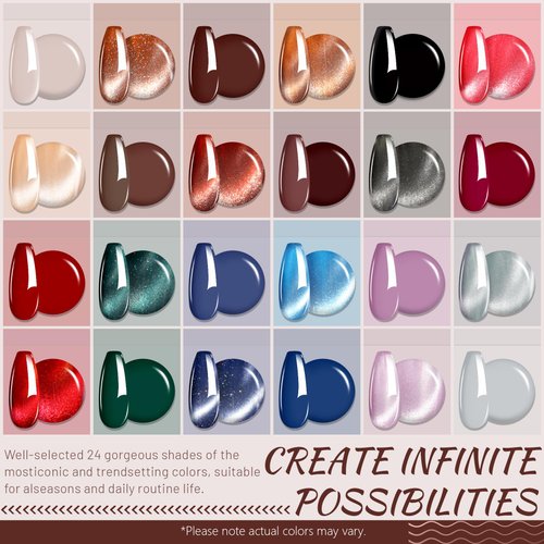 ABAC Solid Cat Eye Gel Nail Polish Set,Fall 24 Colors Brown Red Black Green Shimmer Magnetic Gel Polish,Upgraded Creme Gel Manicure Palette with Brush and Magnet Soak Off LED Gift for Women