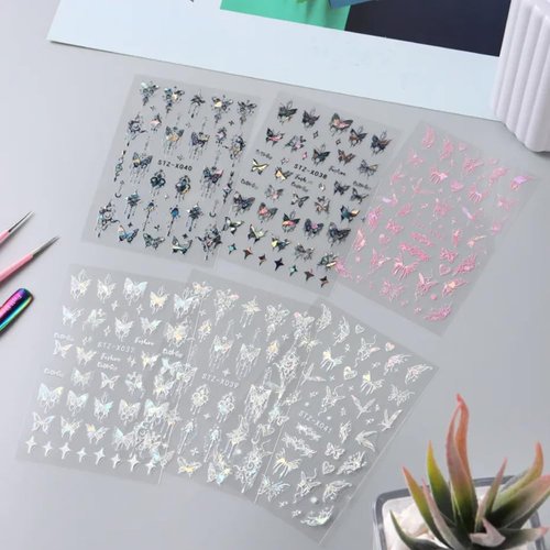 3D Punk Metallic Black Butterfly Nail Stickers Laser Aurora Butterfly Nail Decals Butterfly Nail Art Stickers Pink Butterfly Stickers for Nails Butterflies Silver Nail Stickers Women Nail Supplies