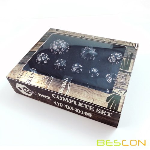 Bescon Complete Polyhedral DND Dice Set 13pcs D3-D100 RPG Dice Set in Opaque Black