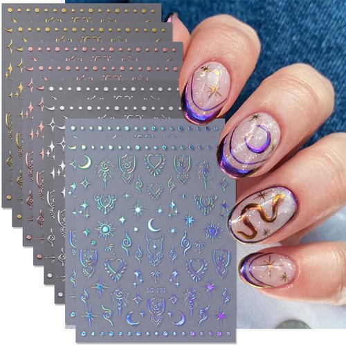 8Sheets Moon Star Nail Art Stickers 3D Self-Adhesive Metallic Sun Nail Decals Holographic Laser Glitter Nail Art Design Stickers Stars Sun Silver Nail Stickers for Women Acrylic Nail Decor Charms DIY