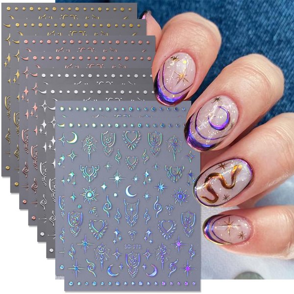 8Sheets Moon Star Nail Art Stickers 3D Self-Adhesive Metallic Sun Nail Decals Holographic Laser Glitter Nail Art Design Stickers Stars Sun Silver Nail Stickers for Women Acrylic Nail Decor Charms DIY