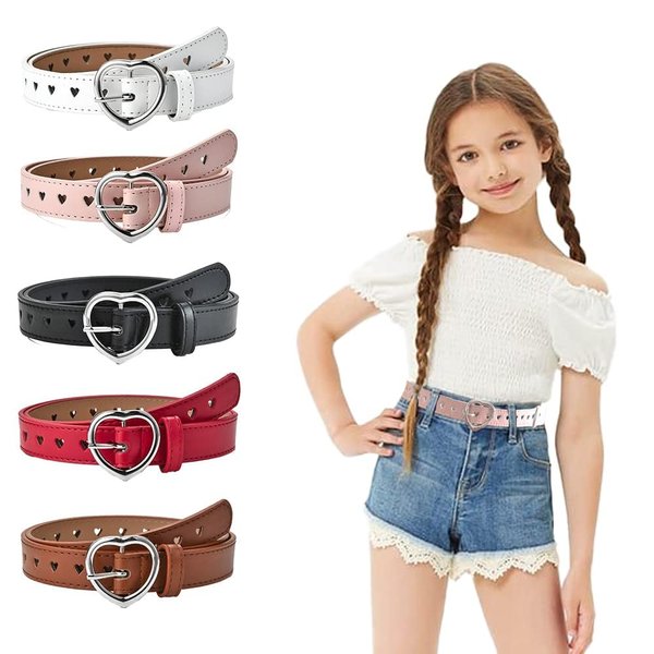 Meckerni 5 Pieces Girls Belt Cute Heart Shape With Metal Buckle Elastic Stretch Adjustable Waist Belt for Girls Jeans Dress