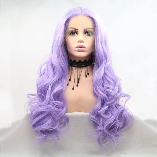 xiweiya Lilac Purple Lace Front Wigs for Women Makeup, Long Wavy Lavender Purple Hair Wig with 13x3 Lace Natural Hairline Realistic for Drag Queen Halloween Cosplay Wigs