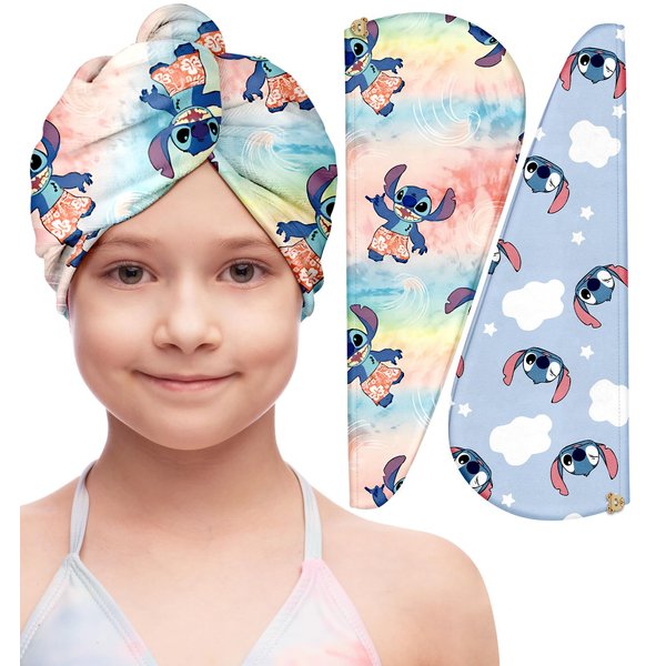 Akkya Microfiber Hair Towel Wrap for Kids Girls Women 2 Pack Drying Turban Towels for Wet Hair Quick Dry Head Wraps Cute Colorful Cartoon Print