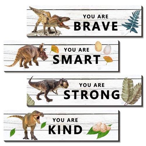 UBLURO 4 Pieces Dinosaur Motivational Wall Art Decors - Dinosaur Wooden Hanging Wall Prints Plaques， Dinosaur Room Decor for for Kids Boys Nursery Bedroom Decorations