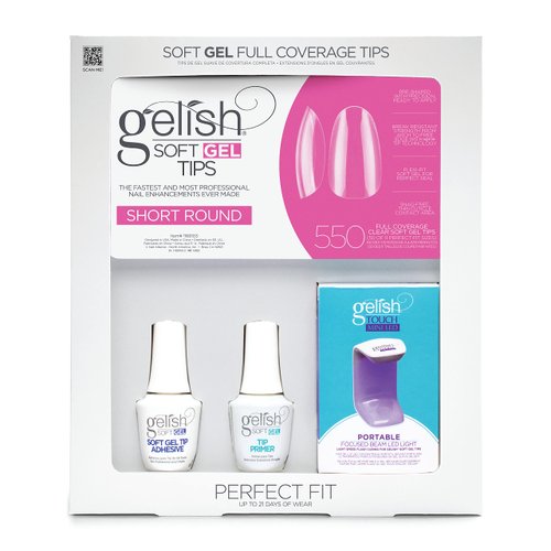 Gelish Soft Gel Intro Kits, Press On Gel Nails, Gel Tips Nail Kit, Full Nail Tips, Nail Kit with featured Mini LED Light, Perfect Kit, Full Coverage Tips. (Short Round 550 Count Nail Kit, 1 Kit)