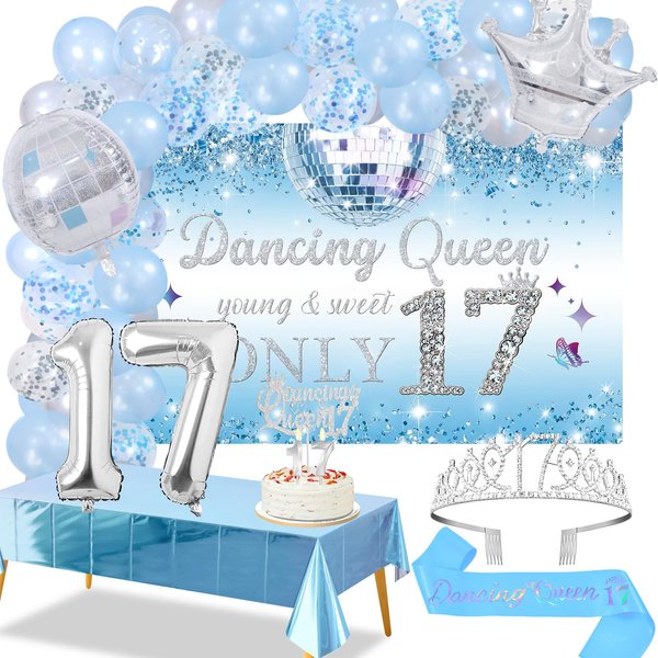 Trgowaul 17th Birthday Dancing Queen Party Decorations Girls Arch, Blue Silver 17 Year Old Dancing Queen Banner, Tablecloth, Belt and Tiara, Cake Topper, Sweet 17th Birthday Party Supplies for Girls