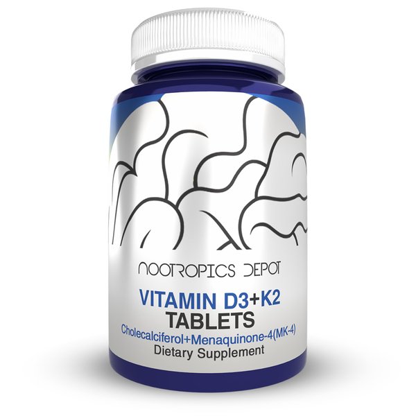 Nootropics Depot Vitamin D3 + K2 with Vitamin C Tablets | 60 Count | Cholecalciferol + Menaquinone-4 (MK-4) | Mood, & Bone Health | Healthy Calcium Absorption