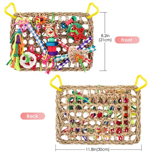 KATUMO Bird Toys, Bird Foraging Wall Toy, Edible Seagrass Woven Climbing Hammock Mat with Colorful Chewing Toys, Suitable for Lovebirds, Finch, Parakeets, Budgerigars, Conure, Cockatiel