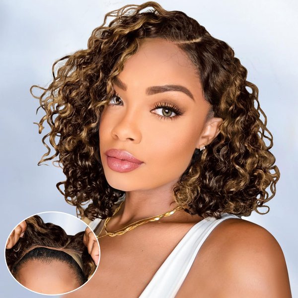 Eyefanniy Glueless Wigs Human Hair pre plucked Pre Cut Blonde Highlights Short Curly Bob Lace Front Wigs for Black Women 4x4 Lace Closure Wig with Elastic Band for Beginners 200% Density 10 Inch