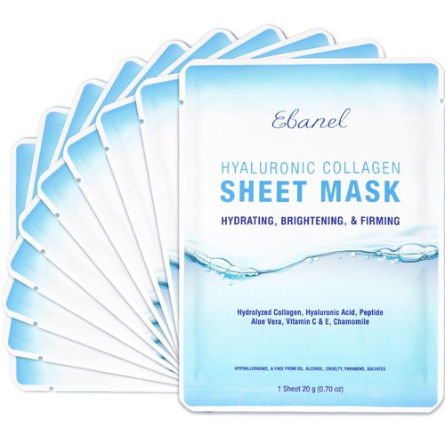 Ebanel 10 Pack Collagen Face Mask, Instant Brightening & Hydrating Face Sheet Mask with Aloe Vera, Hyaluronic Acid, Vitamin C and E, Chamomile, Anti Aging Face Mask with Hydrolyzed Collagen, Peptide