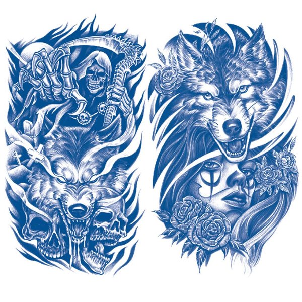 Oottati 2 Sheets Semi Permanent Waterproof Temporary Tattoos, 2 Weeks Long Last, 100% Plant-Based Ink Infinity Realistic Stickers, Wolf Skull Death