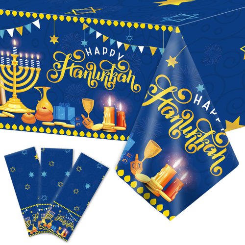 gisgfim 3 Pcs Hanukkah Tablecloth Happy Hanukkah Theme Tablecover for Jewish Festival Party Supplies Table Cover Table Decorations Blue and Gold Fabric Jewish Chanukah Party Supplies
