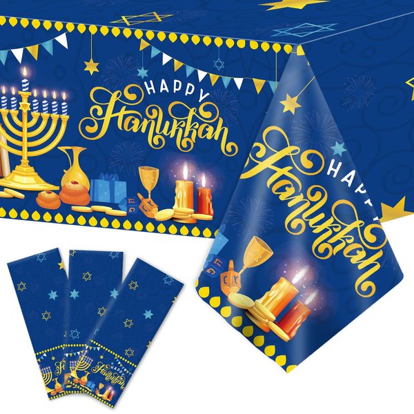 gisgfim 3 Pcs Hanukkah Tablecloth Happy Hanukkah Theme Tablecover for Jewish Festival Party Supplies Table Cover Table Decorations Blue and Gold Fabric Jewish Chanukah Party Supplies