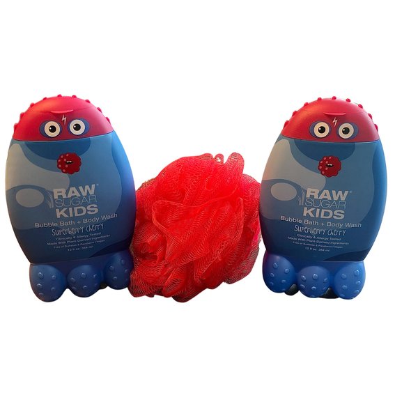 RAW SUGAR Kids Bubble Bath and Body Wash Bundle: 2 Superberry Cherry (12 oz. ea.) + Red Loofah, 12 Ounce