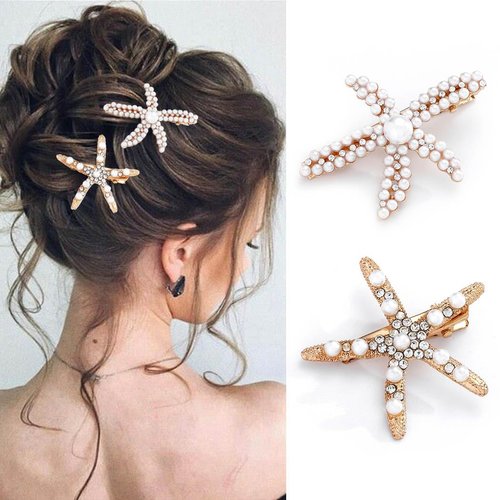 Bartosi Starfish Hair Clips Gold Pearl Hair Barrettes Crystal Hair Pin Bride Wedding Head Pieces Decorative Bobby Pins Hair Accessories for Women and Girls (Pack of 2)