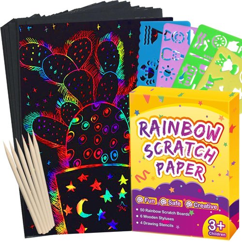 FUNNYB&G Rainbow Scratch Paper Art for Kids - 60 Pcs Magic Rainbow Scratch Paper Off Set Scratch Crafts Arts Supplies Kits Pads Sheets for Party Games Halloween Christmas Birthday Gift