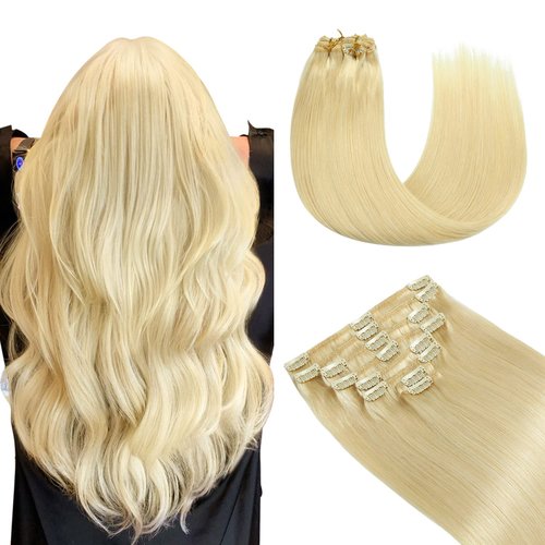 YILITE Remy Hair Extensions Clip in 100% Human Hair Bleach Blonde 120g 8Pcs/Pack Straight Thick Real Hair Silky Clip in Hair Extensions for Women (16inches #613 Bleach Blonde)