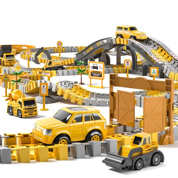 TEMI 236 PCS Construction Toys Race Tracks for 3 4 5 6 Year Old Boys, Flexible Track Playset and 6 PCS Construction Car for Kids Toys, Birthday Gift for Age 3-9 Boys Toddler Girls