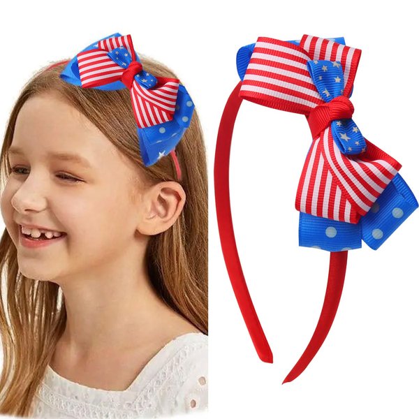 HOXIEYA 4th July Bow Headband Independence Day Hairband for Girls Blue Red Bow Design Patriotic Headband Patriotic Holidays Hair Decoration Parade Suppliess 1Pcs