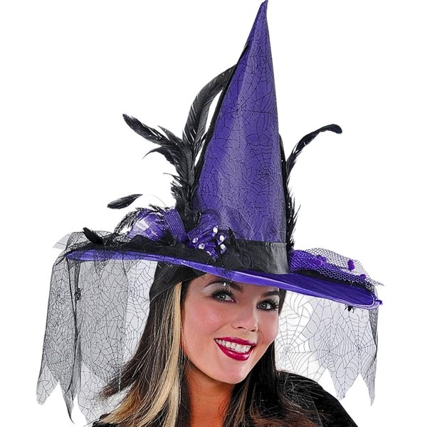 Deluxe Purple Feathered Witch Hat - 1 Count - Bold & Bewitching Design - Perfect For Halloween Accessory , One Size Fits All