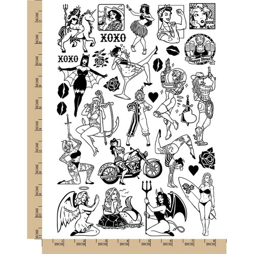 Pin-Up Woman Ladies Temporary Tattoo Water Resistant Fake Body Art Set Collection - Black (One Sheet)