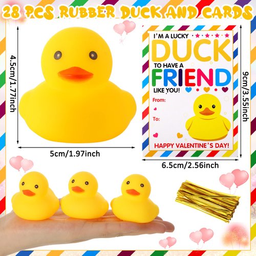 Sotiff 28 Sets Valentine's Day Gift Card for Kids with Rubber Ducks Bulk Valentine's Greeting Cards Mini Rubber Duck Party Favors for Valentine School Classroom Exchange Gift