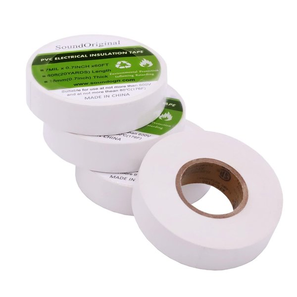 SoundOriginal UL/CSA Electrical Tape White 3/4 Inch by 60 Feet 4 Pack Waterproof Flame Retardant Indoor Outdoor High Temperature Resistance (60Ft White)