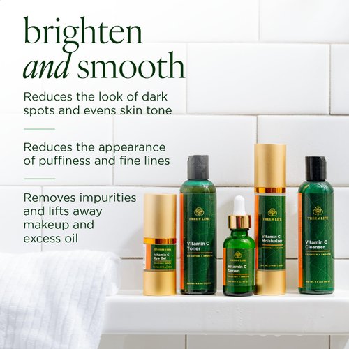 Tree of Life Vitamin C Brightening Complete 5-Pack: Serum (1 Oz), Moisturizer Cream (1.7 Oz), Eye Gel, (0.5 Oz), Toner (4 oz), Cleanser (4 oz), Renewing for Face, Clean Dermatologist-Tested Skin care
