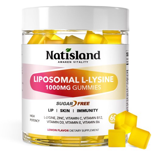 NATISLAND Liposomal L-Lysine Gummies 1000mg, Lysine Supplement for Adults & Kids, Chewable Lysine with Zinc for Lips & Oral Health, Immune & Collagen Support, Vegan, Sugar Free, Lemon Flavor, 60 Count
