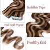 Benehair Remy Tape in Hair Extensions Human Hair Medium Brown&Dark Blonde Seamless Skin Weft Tape in Real Human Hair Extensions Wavy Hair 16 Inch 50g #4P27 20 pcs