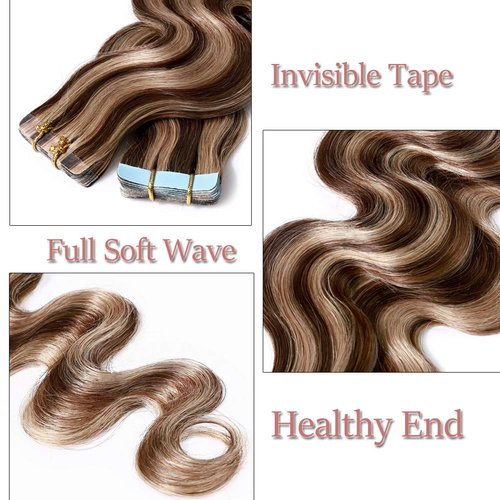 Benehair Remy Tape in Hair Extensions Human Hair Medium Brown&Dark Blonde Seamless Skin Weft Tape in Real Human Hair Extensions Wavy Hair 16 Inch 50g #4P27 20 pcs