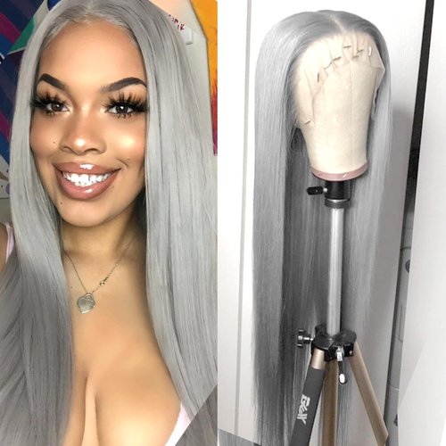 Conkolar Long Hair Wigs for Women Gray Color Synthetic Lace front Wig Middle Part Natural Hairline Pre-Plucked Long Straight Wigs