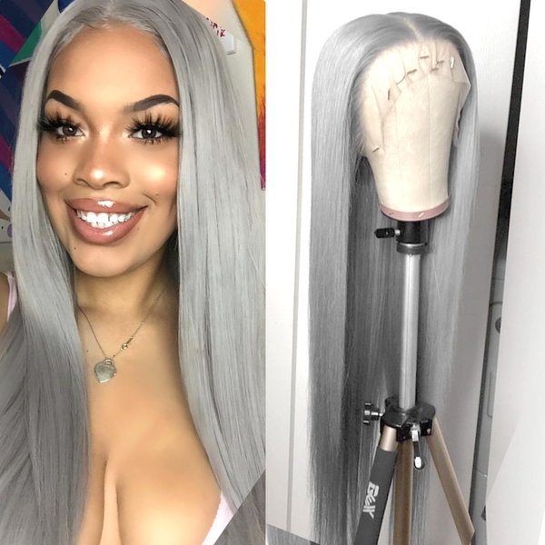 Conkolar Long Hair Wigs for Women Gray Color Synthetic Lace front Wig Middle Part Natural Hairline Pre-Plucked Long Straight Wigs