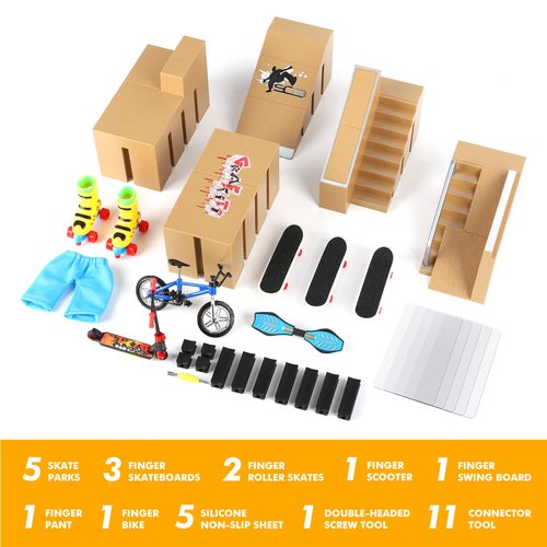 DaCool Fingerboard Skate Park Kit 17PCS Fingerboard Ramps Mini Finger Toys Finger Skateboards Swing Board Finger Bike Scooter Roller Skates Fingerboard Skatepark Ramp Deck for Kids Gift