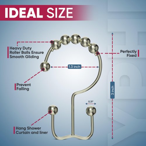 Stainless Steel Double Shower Curtain Hooks Rust Proof (Set of 12) – Double Sided Bathroom Curtain Hooks with Effortless Gliding Roller Balls – Easy to Install Dual Shower Curtain Hangers (Nickel)