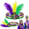 2 Pcs Mardi Gras Headband Fleur De Lis Headbands Feathers Fascinators Sequins Headpieces Purple Gold Green Headwear Adjustable Hair Band Mardi Gras Accessories Party Favor Masquerade Parties