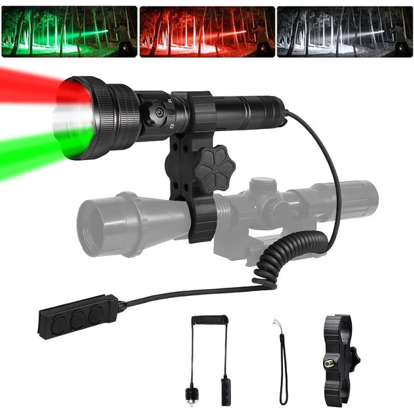 Brinyte T28 LED Zoomable Hunting Light, 3 Color in 1(Red,Green,White) Predator Flashlight with Pressure Switch Mount, IPX6 Waterproof for Hogs Coon Coyote Varmint Hunting