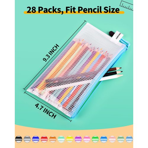 Smarpau 28Pcs Pencil Pouch, 14 Colors 9.3" x 4.7" Mesh Zipper Pouches for Organizing, Clear Pencil Case Zipper Pencil Bags for Office Supply & Travel Storage