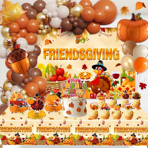 122pcs Friendsgiving Party Decorations, Friendsgiving Decorations Include Balloons Backdrop Tablecloth Cake Cupcake Toppers Honeycomb Centerpieces, for Thanksgiving Fall Indoor and Outdoor Party