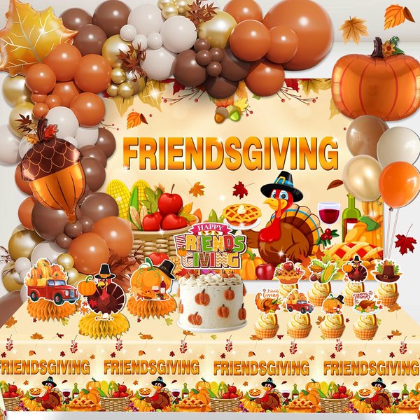122pcs Friendsgiving Party Decorations, Friendsgiving Decorations Include Balloons Backdrop Tablecloth Cake Cupcake Toppers Honeycomb Centerpieces, for Thanksgiving Fall Indoor and Outdoor Party