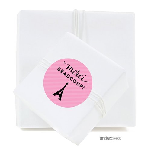 Andaz Press Paris Bonjour Bebe Girl Baby Shower Collection, Round Circle Label Stickers, Merci Beaucoup!, 40-Pack, Paris France, Travel, Pink Themed Party Decorations