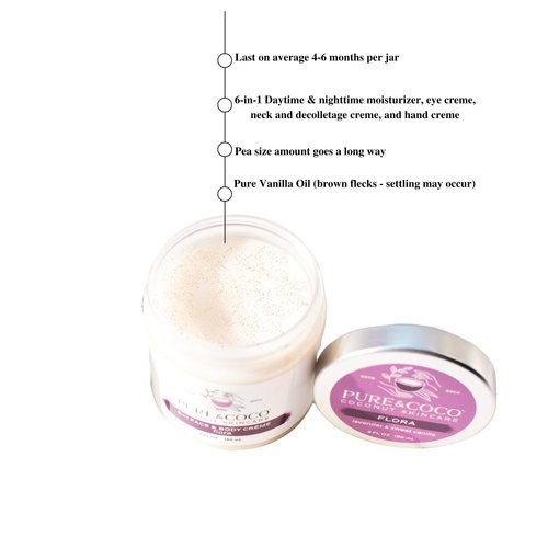 PURE & COCO: Flora 6-in-1 Best Face Moisturizer for Women's Dry Skin | Body Lotion for Dry Skin & Skin Repair | Ultra Rich Daily Face Moisturizer | Organic Coconut Oil | Set of 2, 4 oz Jars