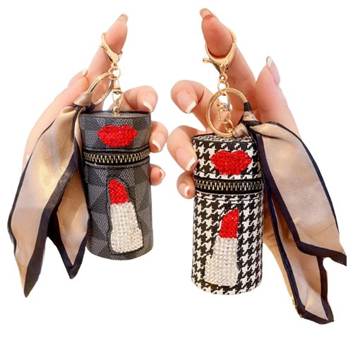 RILOST 2Pcs Lipstick Case, Leather Diamond Lip Gloss Lipstick Organizer, Keychain Mini Lipstick Holder Bag, Girls Travel Lipgloss Makeup Storage for Lipstick Lip Gloss Cosmetics (Black, White)